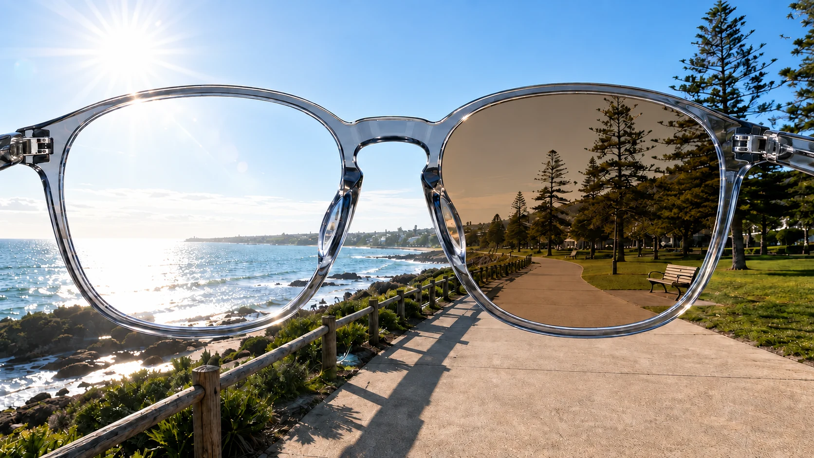 Beach scene comparing a clear lens view with a brown photochromic lens view at the Medium activation level