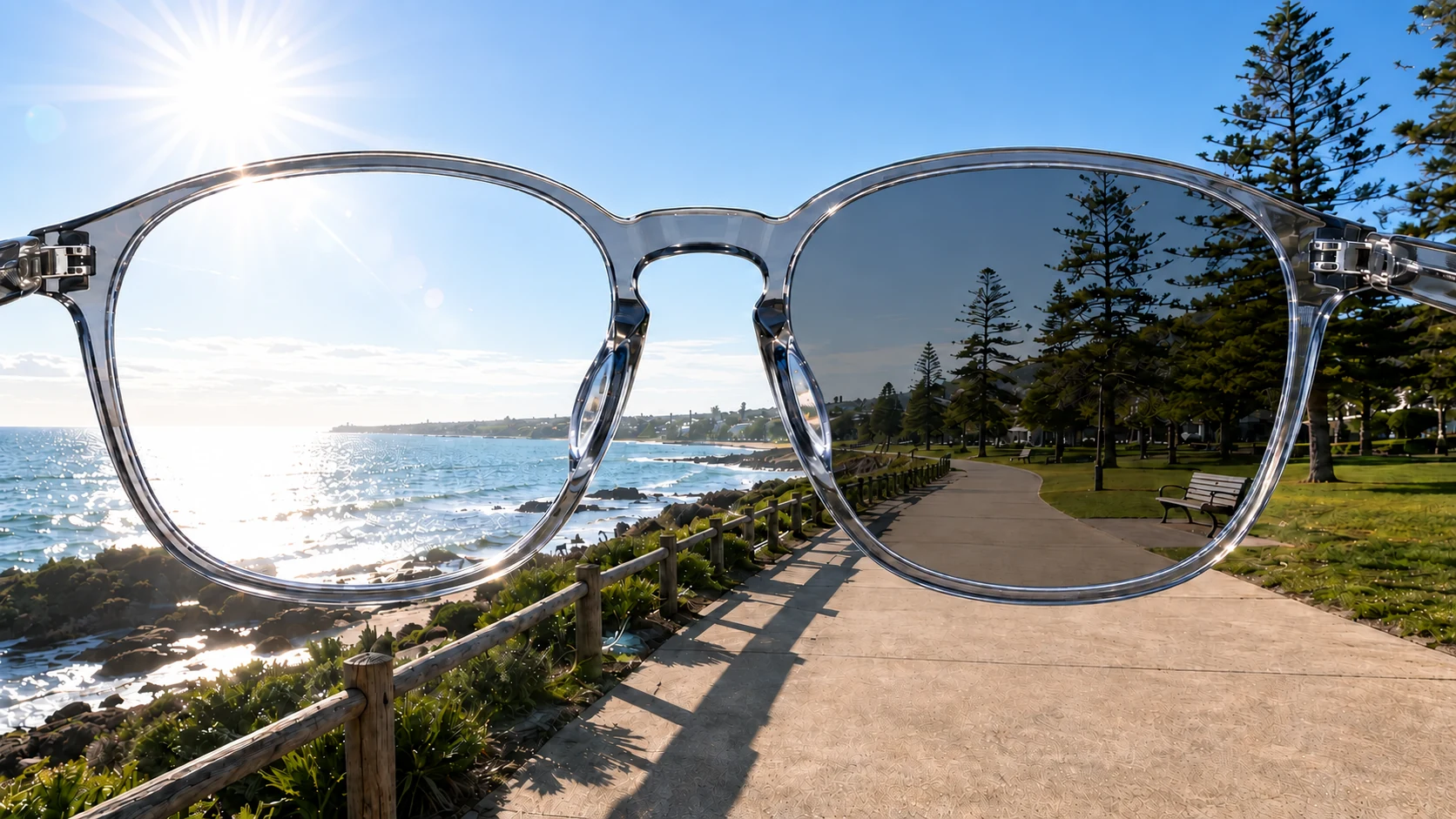 Beach scene comparing a clear lens view on the left with a grey photochromic lens view at the Medium activation level on the right