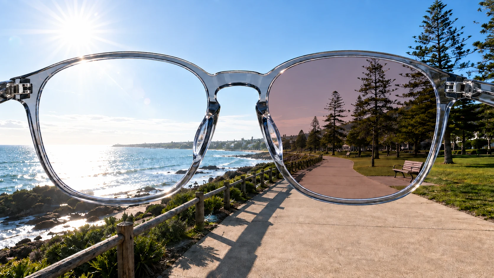 Beach scene comparing a clear lens view with a pink photochromic lens view at the Medium activation level