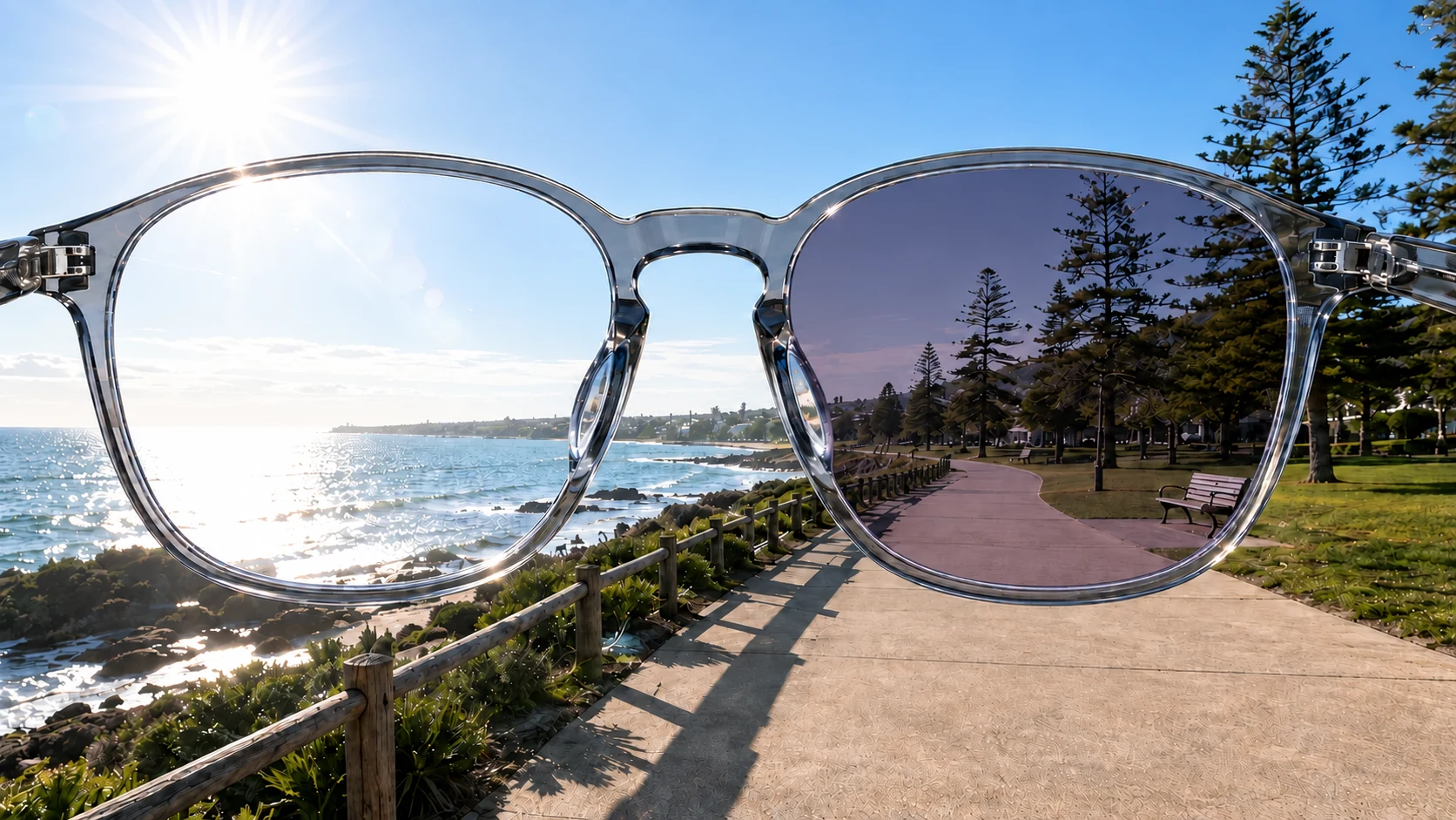 Beach scene comparing a clear lens view with a purple photochromic lens view at the Medium activation level
