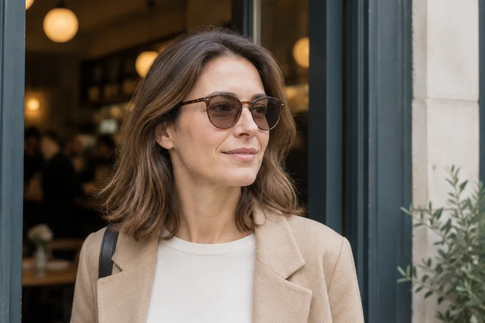 Woman wearing brown-tinted glasses at a café doorway.