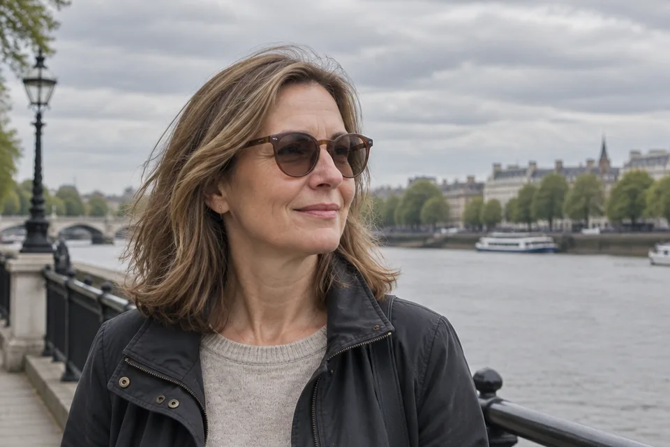 Woman wearing lightly tinted glasses beside a river under cloudy skies.