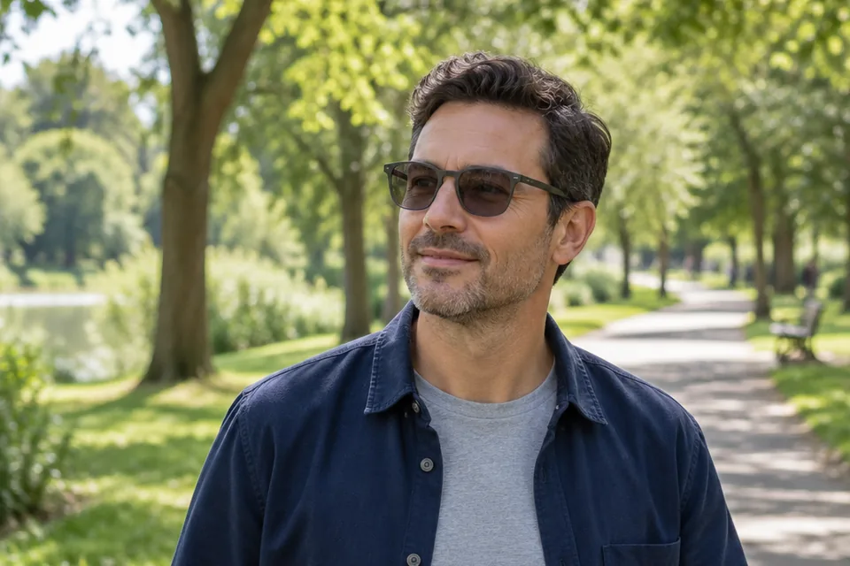 Man wearing grey-tinted glasses on a leafy park path.
