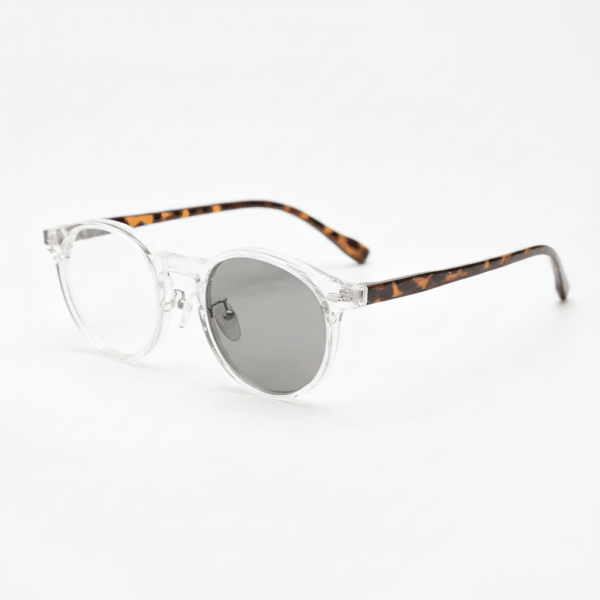 Erin Grey Photochromic Lens Glasses - Clear Round TR90 Frame - Side View Erin Grey Photochromic Lens Glasses - Clear Round TR90 Frame