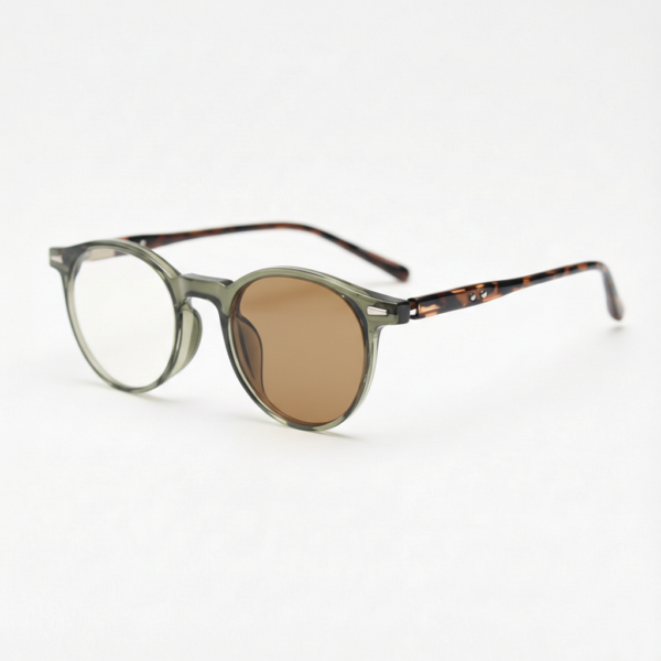 Ida Brown Photochromic Lens Glasses - Green Round TR90 Frame - Side View Ida Brown Photochromic Lens Glasses - Green Round TR90 Frame