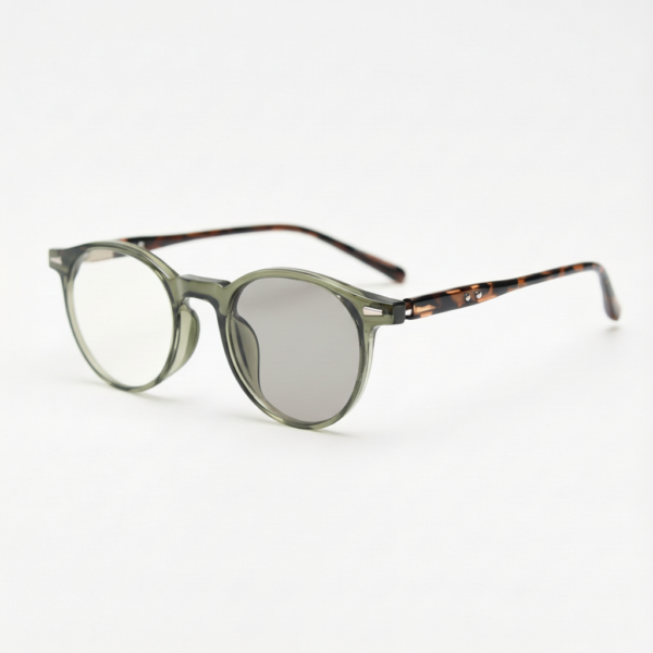Ida Grey Photochromic Lens Glasses - Green Round TR90 Frame - Side View Ida Grey Photochromic Lens Glasses - Green Round TR90 Frame