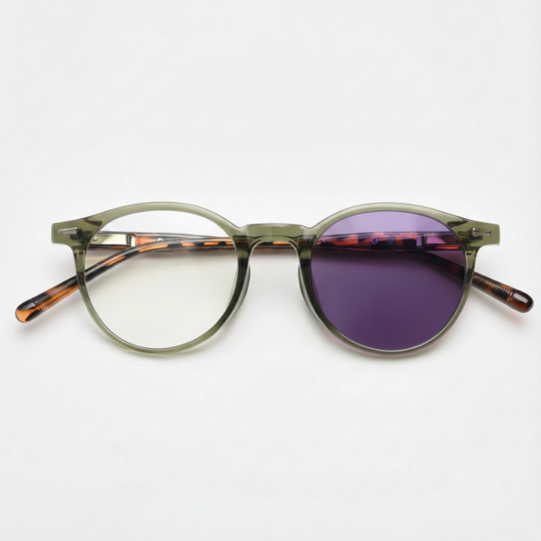 Ida Purple Photochromic Lens Glasses - Green Round TR90 Frame - Front View Ida Purple Photochromic Lens Glasses - Green Round TR90 Frame