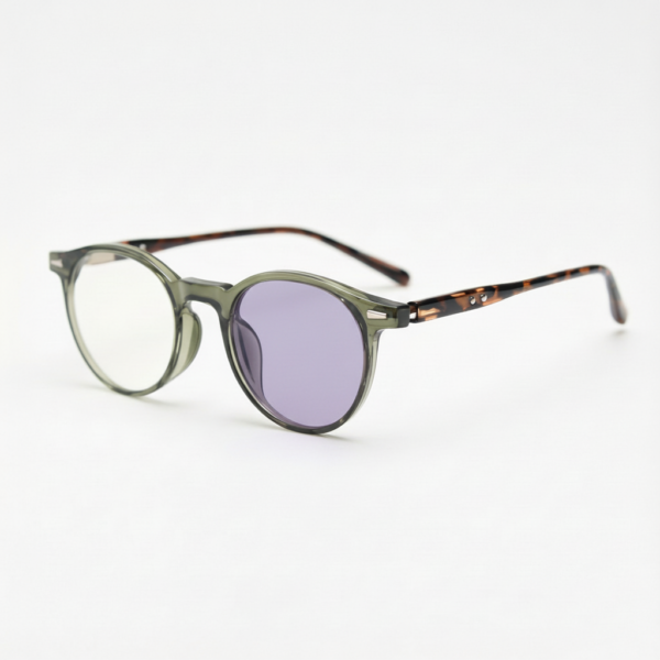 Ida Purple Photochromic Lens Glasses - Green Round TR90 Frame - Side View Ida Purple Photochromic Lens Glasses - Green Round TR90 Frame
