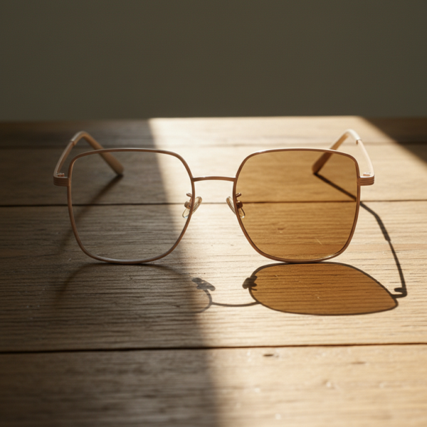 Jade Brown Photochromic Lens Glasses - Gold Square Metal Frame - Lifestyle Jade Brown Photochromic Lens Glasses - Gold Square Metal Frame