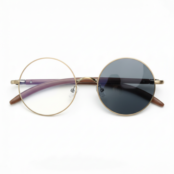 Jo Grey Photochromic Lens Glasses - Gold Round Metal Frame - Front View Jo Grey Photochromic Lens Glasses - Gold Round Metal Frame