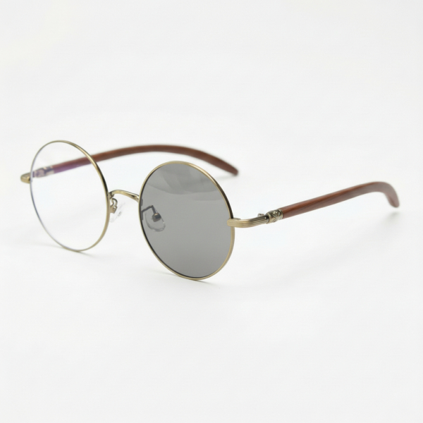 Jo Grey Photochromic Lens Glasses - Gold Round Metal Frame - Side View Jo Grey Photochromic Lens Glasses - Gold Round Metal Frame