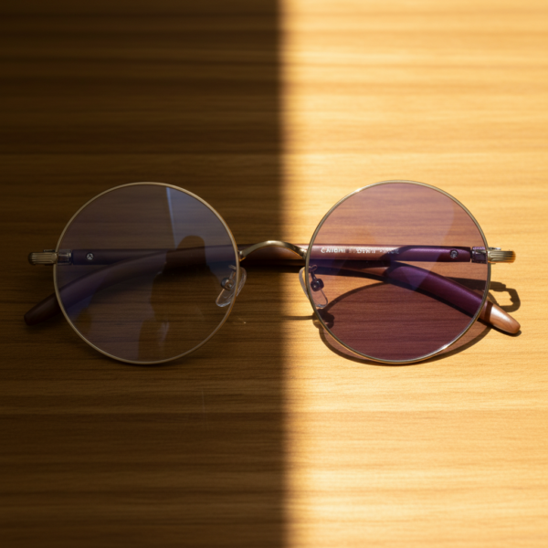 Jo Purple Photochromic Lens Glasses - Gold Round Metal Frame - Lifestyle Jo Purple Photochromic Lens Glasses - Gold Round Metal Frame
