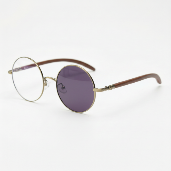 Jo Purple Photochromic Lens Glasses - Gold Round Metal Frame - Side View Jo Purple Photochromic Lens Glasses - Gold Round Metal Frame