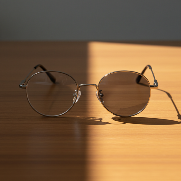 June Grey Photochromic Lens Glasses - Silver Round Stainless steel Frame - Lifestyle June Grey Photochromic Lens Glasses - Silver Round Stainless steel Frame