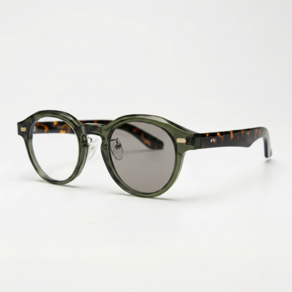 Lena Grey Photochromic Lens Glasses - Olive green Round TR90 Frame - Side View Lena Grey Photochromic Lens Glasses - Olive green Round TR90 Frame