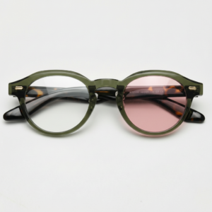 Lena Pink Photochromic Lens Glasses - Olive green Round TR90 Frame - Front View Lena Pink Photochromic Lens Glasses - Olive green Round TR90 Frame