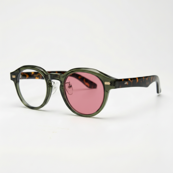Lena Pink Photochromic Lens Glasses - Olive green Round TR90 Frame - Side View Lena Pink Photochromic Lens Glasses - Olive green Round TR90 Frame