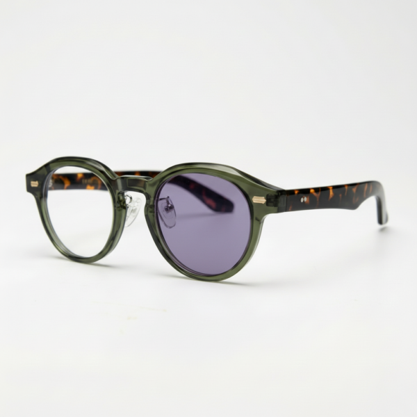 Lena Purple Photochromic Lens Glasses - Olive green Round TR90 Frame - Side View Lena Purple Photochromic Lens Glasses - Olive green Round TR90 Frame