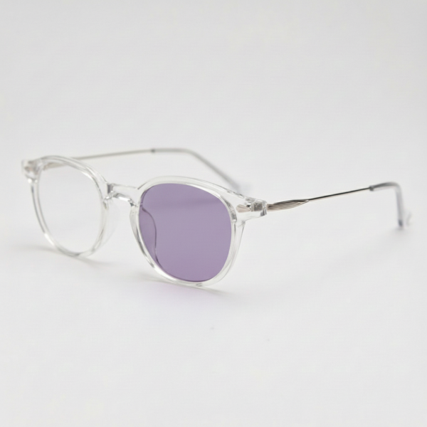 Lora Purple Photochromic Lens Glasses - Clear Round TR90 Frame - Side View Lora Purple Photochromic Lens Glasses - Clear Round TR90 Frame