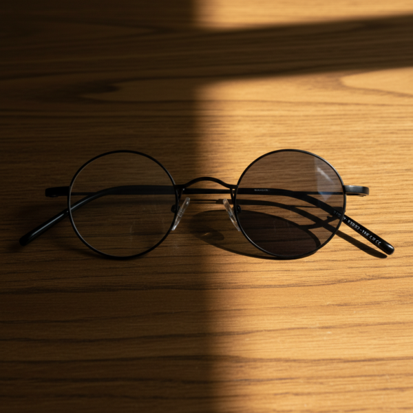 LVY Grey Photochromic Lens Glasses - Matte black Round Titanium Frame - Lifestyle LVY Grey Photochromic Lens Glasses - Matte black Round Titanium Frame