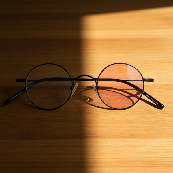 LVY Pink Photochromic Lens Glasses - Matte black Round Titanium Frame - Lifestyle LVY Pink Photochromic Lens Glasses - Matte black Round Titanium Frame