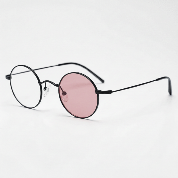 LVY Pink Photochromic Lens Glasses - Matte black Round Titanium Frame - Side View LVY Pink Photochromic Lens Glasses - Matte black Round Titanium Frame