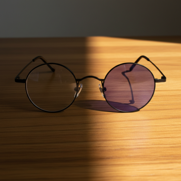LVY Purple Photochromic Lens Glasses - Matte black Round Titanium Frame - Lifestyle LVY Purple Photochromic Lens Glasses - Matte black Round Titanium Frame