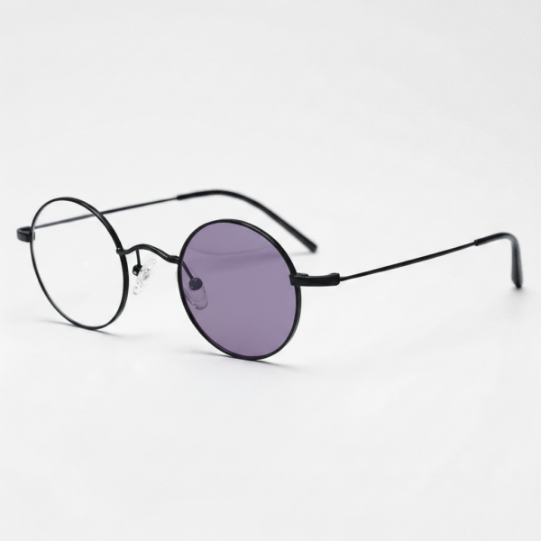 LVY Purple Photochromic Lens Glasses - Matte black Round Titanium Frame - Side View LVY Purple Photochromic Lens Glasses - Matte black Round Titanium Frame