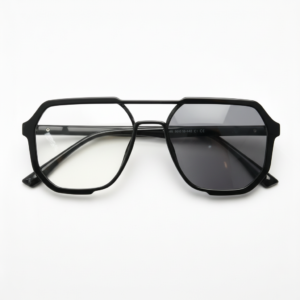 Poppy Grey Photochromic Lens Glasses - Glossy black Geometric TR90 Frame - Front View Poppy Grey Photochromic Lens Glasses - Glossy black Geometric TR90 Frame