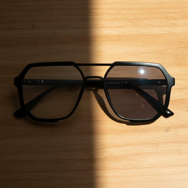 Poppy Grey Photochromic Lens Glasses - Glossy black Geometric TR90 Frame - Lifestyle Poppy Grey Photochromic Lens Glasses - Glossy black Geometric TR90 Frame