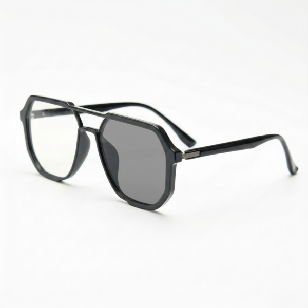 Poppy Grey Photochromic Lens Glasses - Glossy black Geometric TR90 Frame - Side View Poppy Grey Photochromic Lens Glasses - Glossy black Geometric TR90 Frame