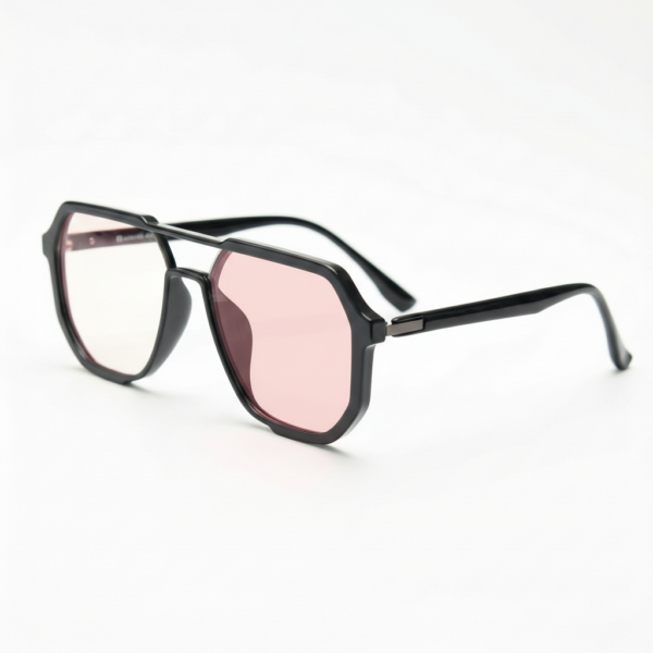 Poppy Pink Photochromic Lens Glasses - Glossy black Geometric TR90 Frame - Side View Poppy Pink Photochromic Lens Glasses - Glossy black Geometric TR90 Frame