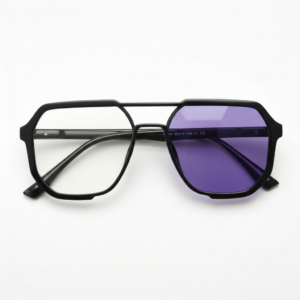 Poppy Purple Photochromic Lens Glasses - Glossy black Geometric TR90 Frame - Front View Poppy Purple Photochromic Lens Glasses - Glossy black Geometric TR90 Frame