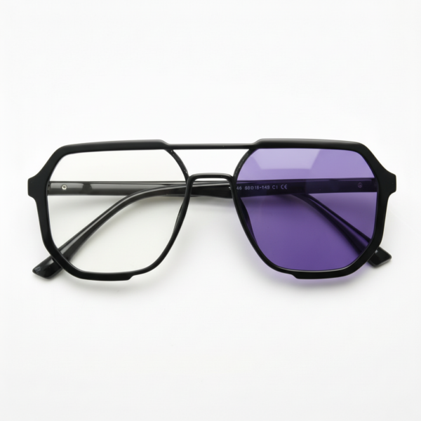 Poppy Purple Photochromic Lens Glasses - Glossy black Geometric TR90 Frame - Front View Poppy Purple Photochromic Lens Glasses - Glossy black Geometric TR90 Frame