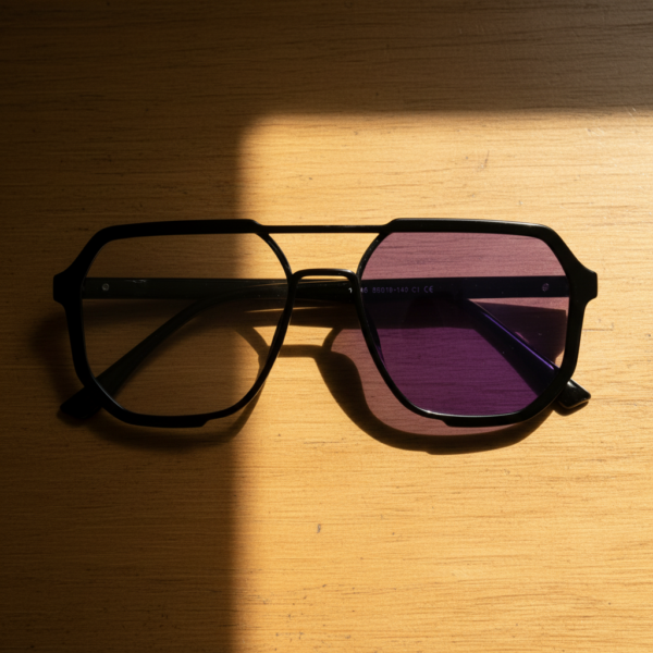 Poppy Purple Photochromic Lens Glasses - Glossy black Geometric TR90 Frame - Lifestyle Poppy Purple Photochromic Lens Glasses - Glossy black Geometric TR90 Frame