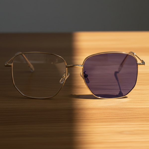 Ruth Purple Photochromic Lens Glasses - Gold Geometric Metal Frame - Lifestyle Ruth Purple Photochromic Lens Glasses - Gold Geometric Metal Frame