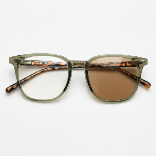 Sherry Brown Photochromic Lens Glasses - Olive green Square TR90 Frame - Front View Sherry Brown Photochromic Lens Glasses - Olive green Square TR90 Frame
