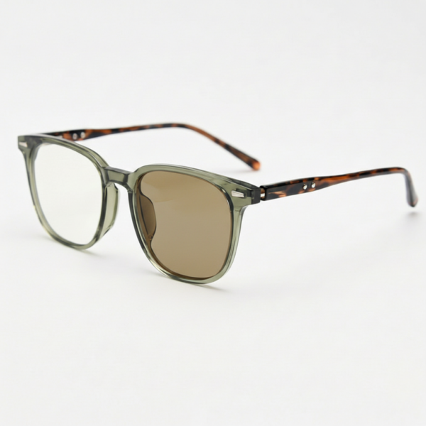 Sherry Brown Photochromic Lens Glasses - Olive green Square TR90 Frame - Side View Sherry Brown Photochromic Lens Glasses - Olive green Square TR90 Frame