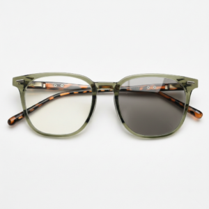 Sherry Grey Photochromic Lens Glasses - Olive green Square TR90 Frame - Front View Sherry Grey Photochromic Lens Glasses - Olive green Square TR90 Frame