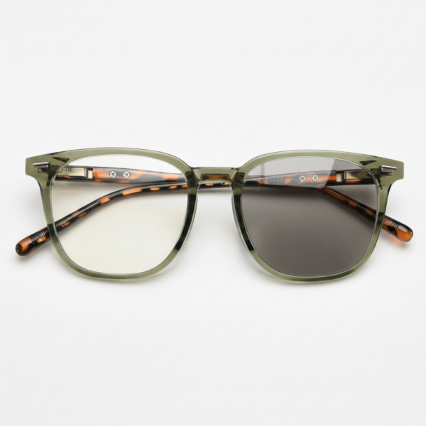 Sherry Grey Photochromic Lens Glasses - Olive green Square TR90 Frame - Front View Sherry Grey Photochromic Lens Glasses - Olive green Square TR90 Frame