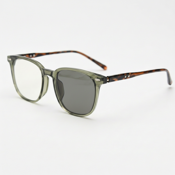 Sherry Grey Photochromic Lens Glasses - Olive green Square TR90 Frame - Side View Sherry Grey Photochromic Lens Glasses - Olive green Square TR90 Frame