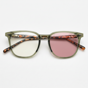 Sherry Pink Photochromic Lens Glasses - Olive green Square TR90 Frame - Front View Sherry Pink Photochromic Lens Glasses - Olive green Square TR90 Frame