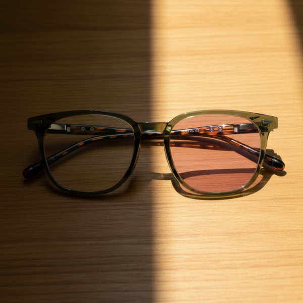Sherry Pink Photochromic Lens Glasses - Olive green Square TR90 Frame - Lifestyle Sherry Pink Photochromic Lens Glasses - Olive green Square TR90 Frame