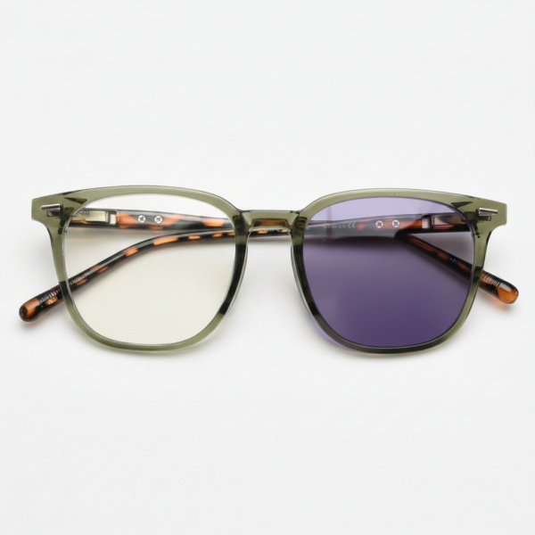 Sherry Purple Photochromic Lens Glasses - Olive green Square TR90 Frame - Front View Sherry Purple Photochromic Lens Glasses - Olive green Square TR90 Frame