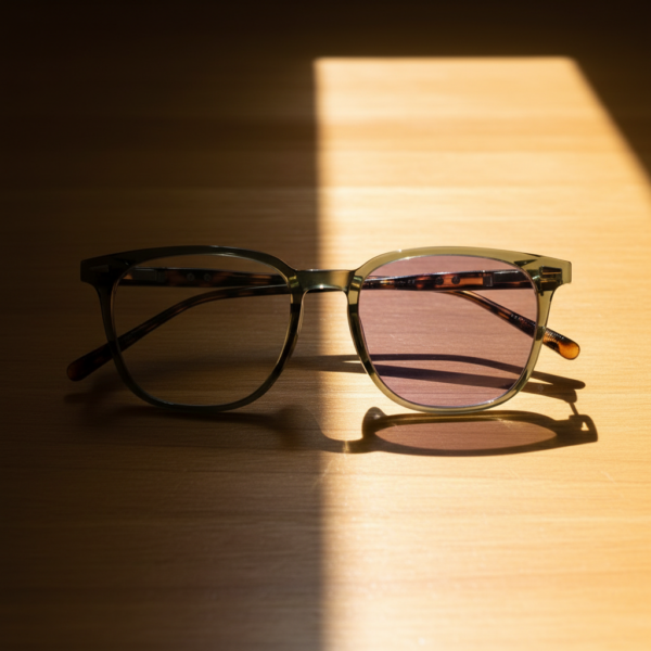 Sherry Purple Photochromic Lens Glasses - Olive green Square TR90 Frame - Lifestyle Sherry Purple Photochromic Lens Glasses - Olive green Square TR90 Frame