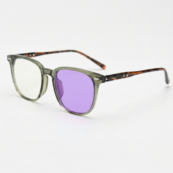 Sherry Purple Photochromic Lens Glasses - Olive green Square TR90 Frame - Side View Sherry Purple Photochromic Lens Glasses - Olive green Square TR90 Frame