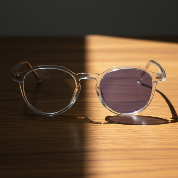 Susan Purple Photochromic Lens Glasses - Clear Geometric TR90 Frame - Lifestyle Susan Purple Photochromic Lens Glasses - Clear Geometric TR90 Frame