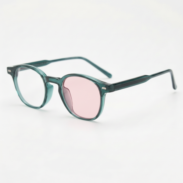 Tina Pink Photochromic Lens Glasses - Green Round TR90 Frame - Side View Tina Pink Photochromic Lens Glasses - Green Round TR90 Frame