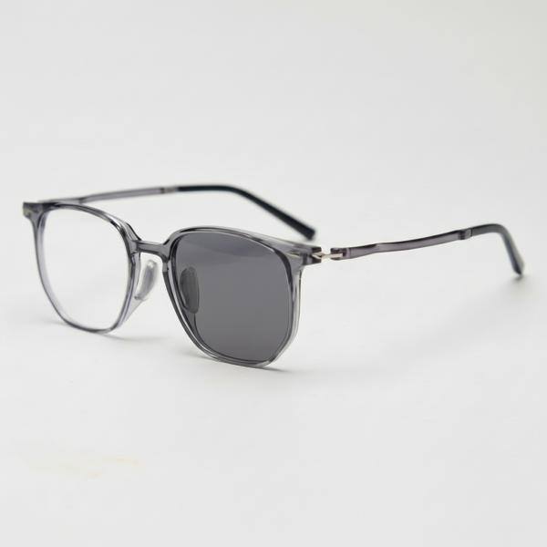 Yetta Grey Photochromic Lens Glasses - Transparent gray Geometric TR90 Frame - Side View Yetta Grey Photochromic Lens Glasses - Transparent gray Geometric TR90 Frame